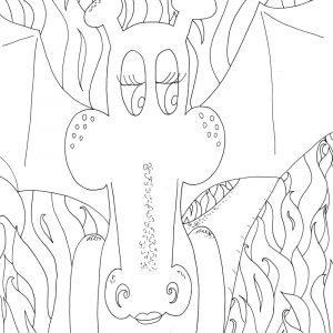 A gorgeous colouring in page of a dragon surrounded by its flames
