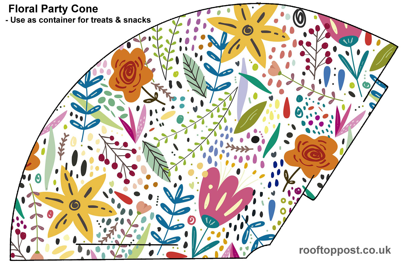 Brighly coloured printable cone decorated with flowers, which can be used as a party hat or a holder for treats.