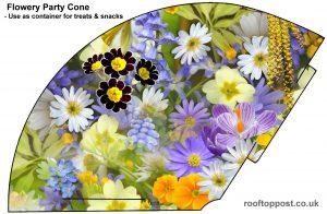 Flowery cone to print which can be used for party treats or as a party hat