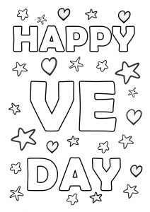 Printable colouring page saying happy VE day