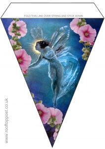 Large triangular bunting of a beautiful fairy surrounded by flowers. Great for summer parties and especially popular on Midsummer Night's Eve.