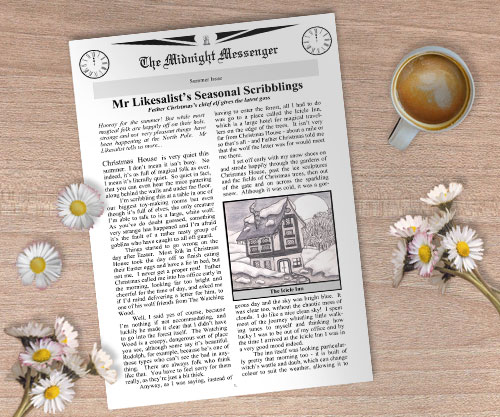 Summer Issue of a magical newspaper, the Midnight Messenger, lying on a table scattered with daisies.