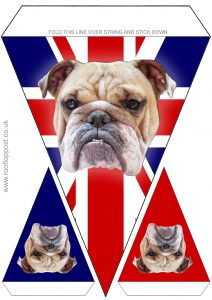 Printable bunting of the British flag and bulldog. Useful for UK celebrations such as VE Day