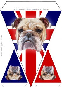 Printable bunting of the British flag and bulldog. Useful for UK celebrations such as VE Day