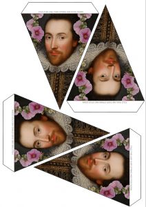 A sheet of decorative bunting with a Shakespearean theme. Designed for midsummer parties.