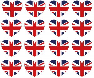 Printable page of small UK flag hearts for crafting and decorating