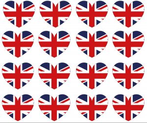 Printable page of small UK flag hearts for crafting and decorating