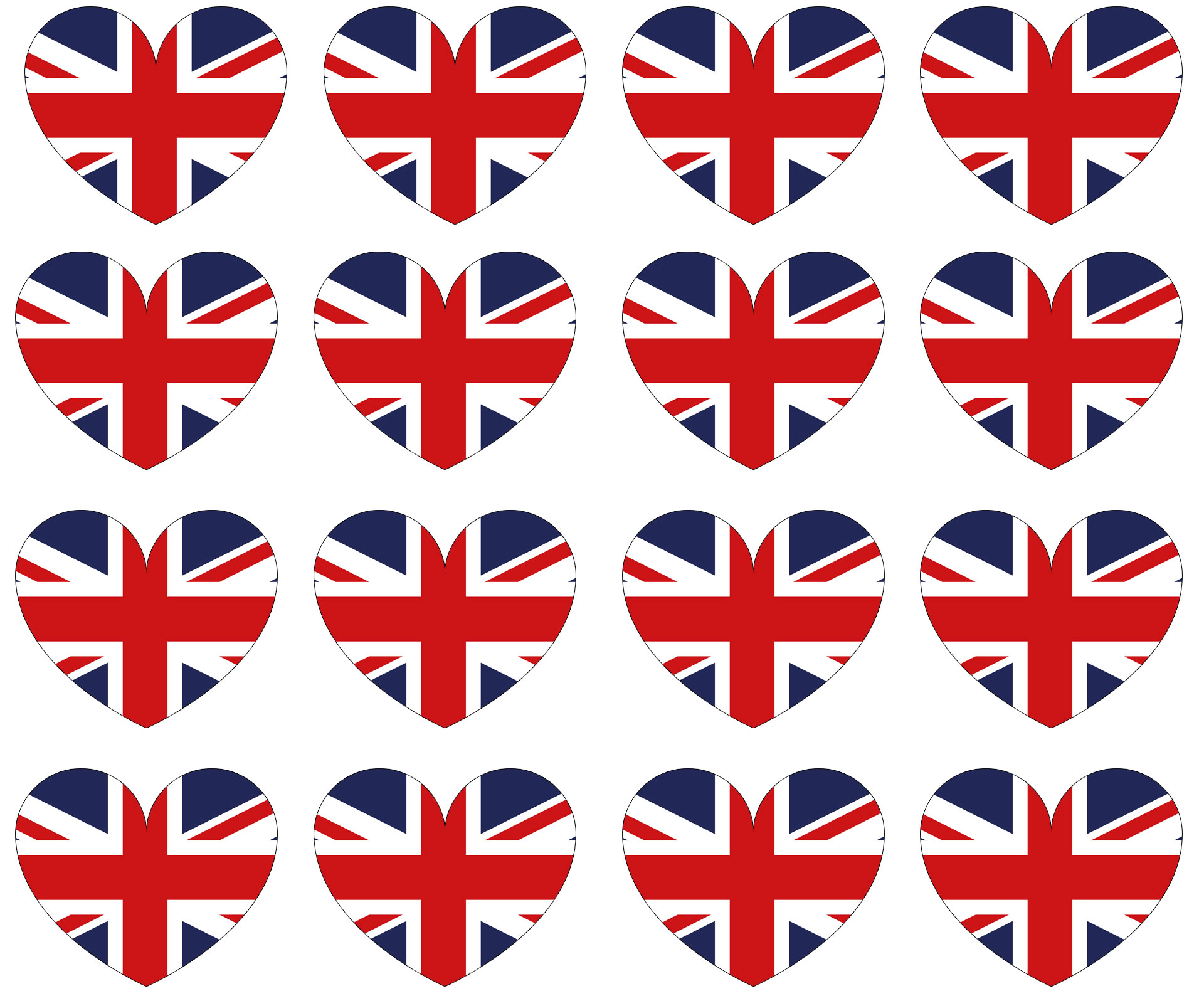 Printable page of small UK flag hearts for crafting and decorating