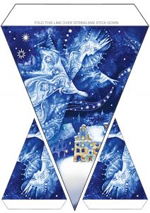 Printable bunting of a snow queen fairy in the icy winter sky, useful for christmas or winter children's parties