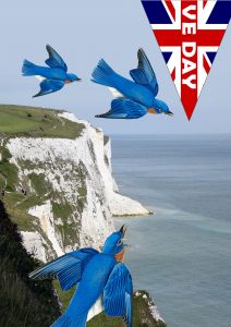 Full-length poster for VE Day showing a gorgeous picture of bluebirds flying over the white cliffs of Dover, as in the song.