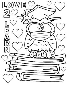A colouring page of an owl wearing a mask. A positive reminder of the importance of wearing masks at school during the coronavirus pandemic.