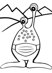 Printable colouring page of a cute alien in a medical face mask - great for covid