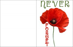 A printable remembrance card with a poppy on, reading Nefer Forget