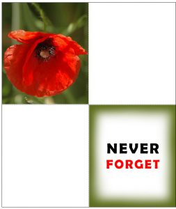 A printable four-fold remembrance card with a poppy on the front and saying Never Forget inside