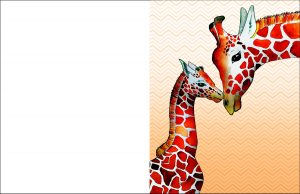 Free printable greetings card picturing a giraffe and child.