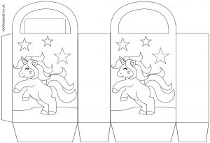 A printable party gift bag with a unicorn on the front for children to colour in.