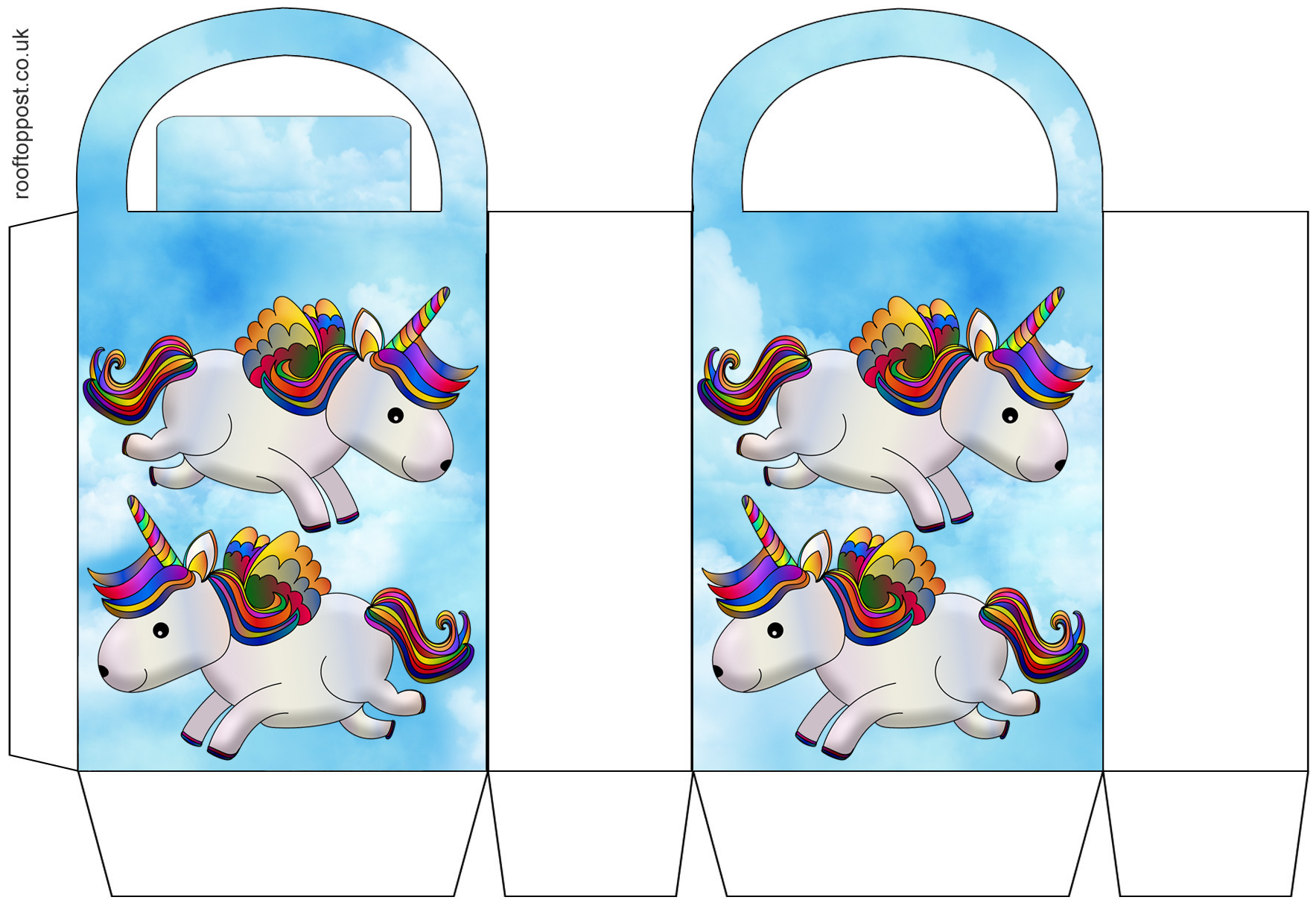 Pretty gift bag picturing two unicorns in the sky, free for parents to print for their children.