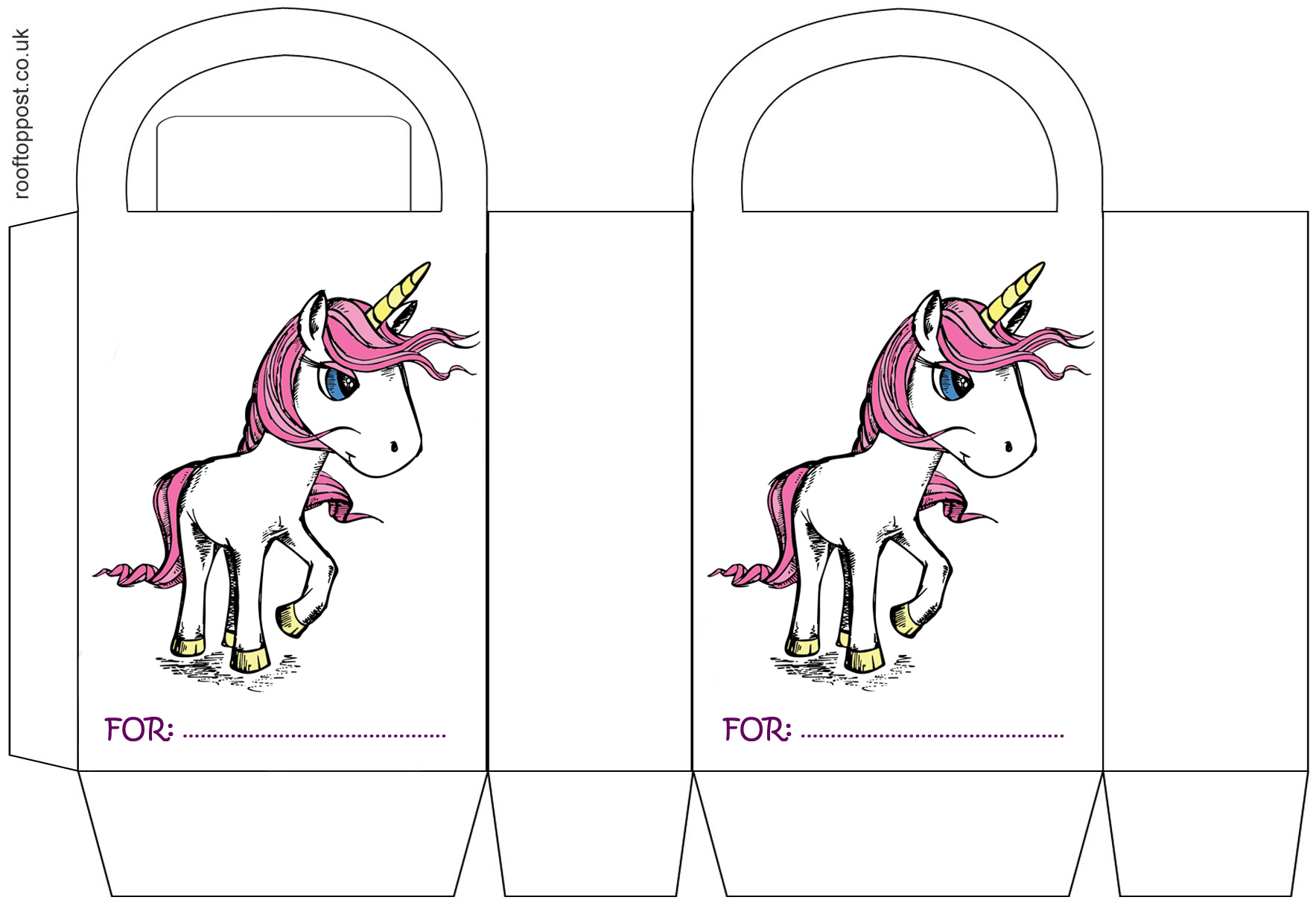 A pretty printable gift bag for children's parties, picturing a pink unicorn and with space to write the recipient's name.