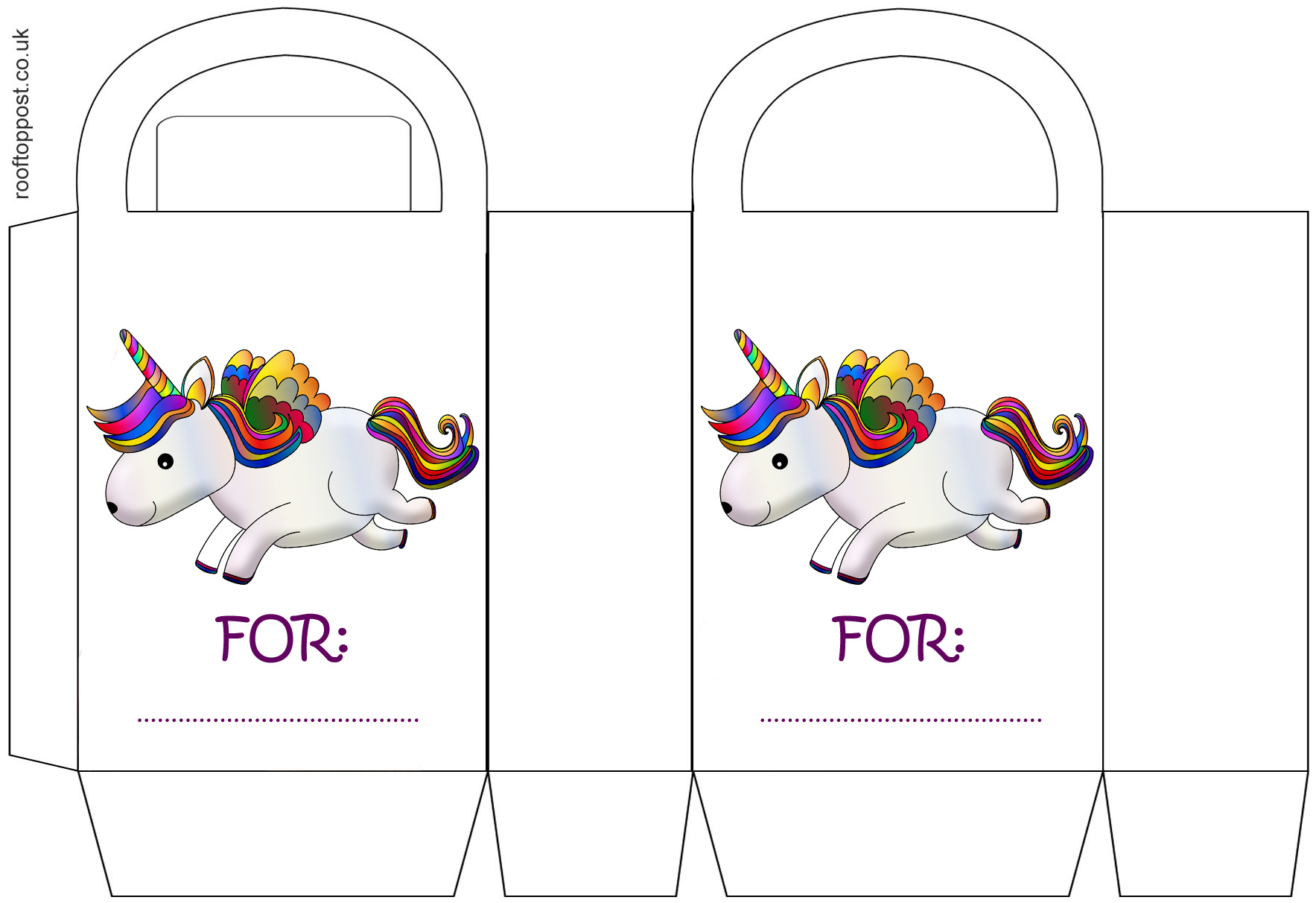 A printable party gift bag picturing a rainbow unicorn and with space to add a child's name.