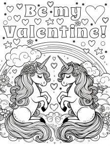 A beautiful colouring in page of unicorns in love on Valentine's Day. Ready to print, colour and give to a loved one as a Valentine's Day treat.
