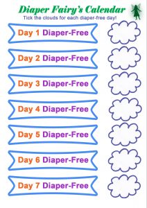 A printable calendar from the Diaper Fairy, with cloud tick boxes for every day of the week.
