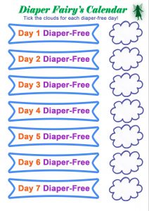 A printable calendar from the Diaper Fairy, with cloud tick boxes for every day of the week.