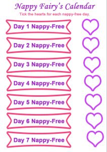 Printable Nappy Fairy Calendar with hearts to tick for each nappy-free day of the week.