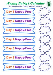 A printable calendar from the Nappy Fairy, with cloud tick boxes for every nappy-free day of the week.