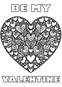 Pintable colouring page for children depicting a heart and reading Be My Valentine