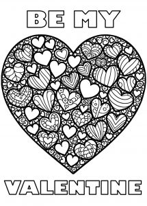 Printable colouring page for children, depicting a heart full of lots of other, little hearts.