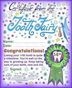 Printable Tooth Fairy certificate for a child who has lost their fourteenth tooth