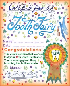 Printable Tooth Fairy certificate for a child who has lost their thirteenth tooth