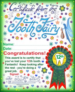 Printable Tooth Fairy certificate for a child who has lost their twelfth tooth