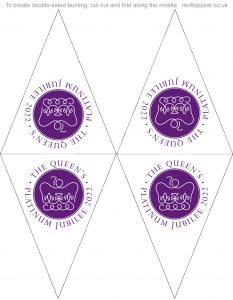 Foladable double-sided bunting with a white background and the official logo to print and decorate for the Queen's Platinum Jubilee.