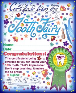 Printable Tooth Fairy certificate for a child who has lost their 15th tooth