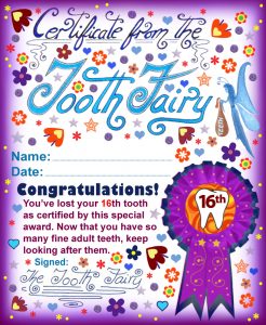 Printable Tooth Fairy certificate for a child who has lost their 16th tooth