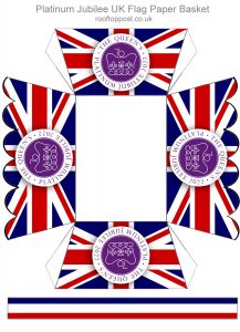 Printable paper basket for the Platinum Jubilee 2022, decorated with the official logo and the UK flag.