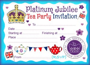 Printable invitation to a tea party celebrating the Queen's Platinum Jubilee 2022