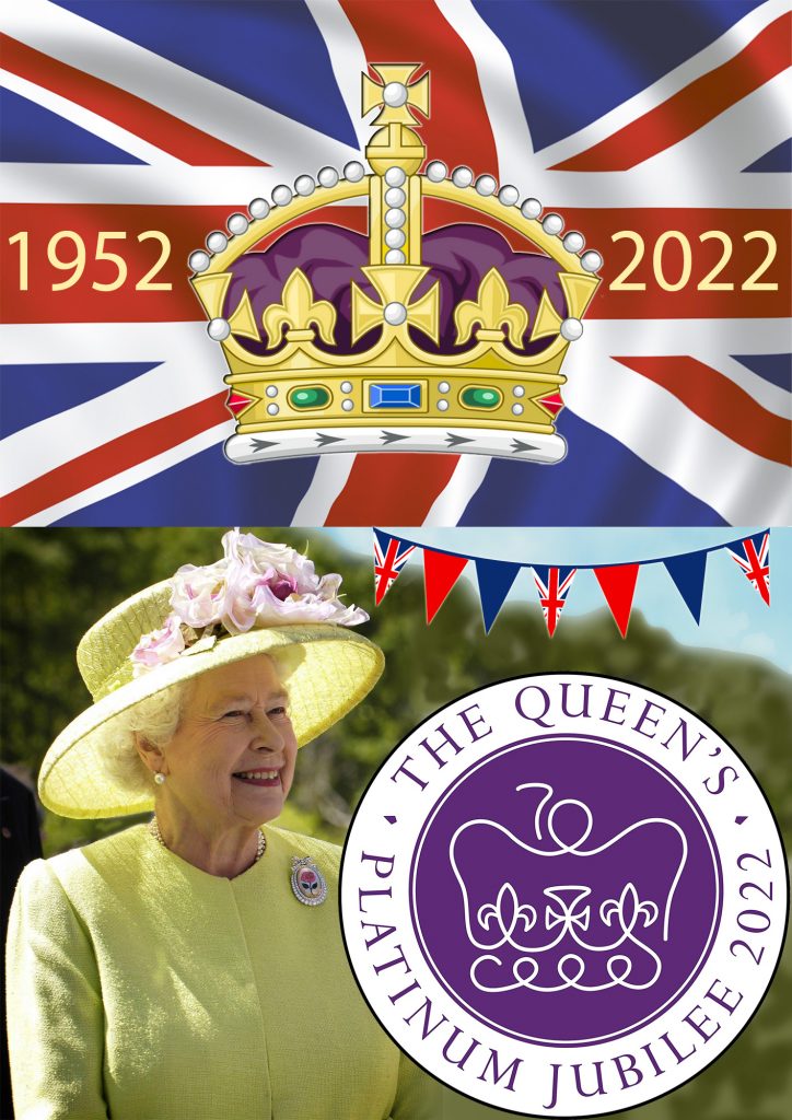 Free poster for the Queen's Platinum Jubilee, picturing the Queen, the British flag and the crown.