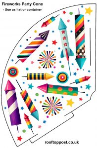 A printable cone decorated with colourful rockets and fireworks. Ideal for any fireworks event.