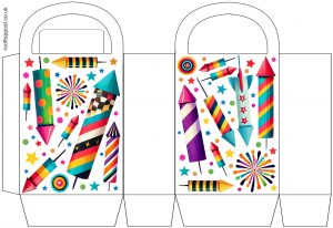 A beautiful firework rocket themed party bag, designed to hold sweets and snacks. Just print out and stick together.