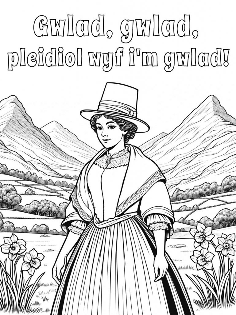 This is a printable picture to colour in depicting a woman in traditional Welsh dress, standing against the backdrop of the beautiful Welsh mountains.