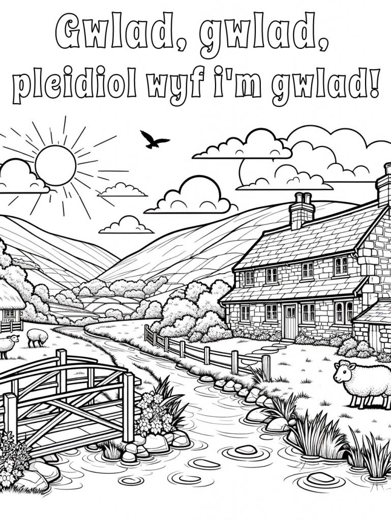 This is a printable colouring page of a stone house in rural Wales. Before it runs a small stream, and behind it are the rolling Welsh hills typical of many parts of the Welsh countyside.
