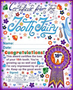 A printable Tooth Fairy certificate for a child who has lost their 18th tooth.