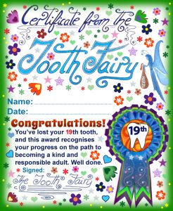 A printable Tooth Fairy certificate for a child who has lost their 19th tooth.