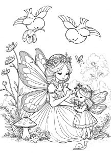 This is a colouring picture for children of around six years old, depicting a fairy mother and her daughter.