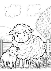 This is a colouring picture for young children, depicting a mother ewe and her lamb.