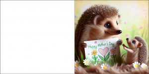 A cute baby hedgehog and its mother feature in this printable card for Mother's Day,