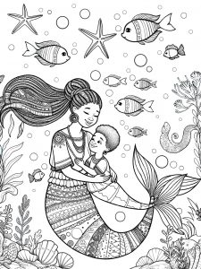 A beautiful colouring page of a mermaid mother and her child under the ocean.
