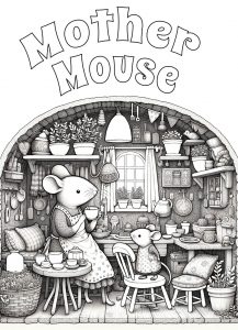 This is a magical colouring picture of a mother mouse and her child in the kitchen of their mousehole.